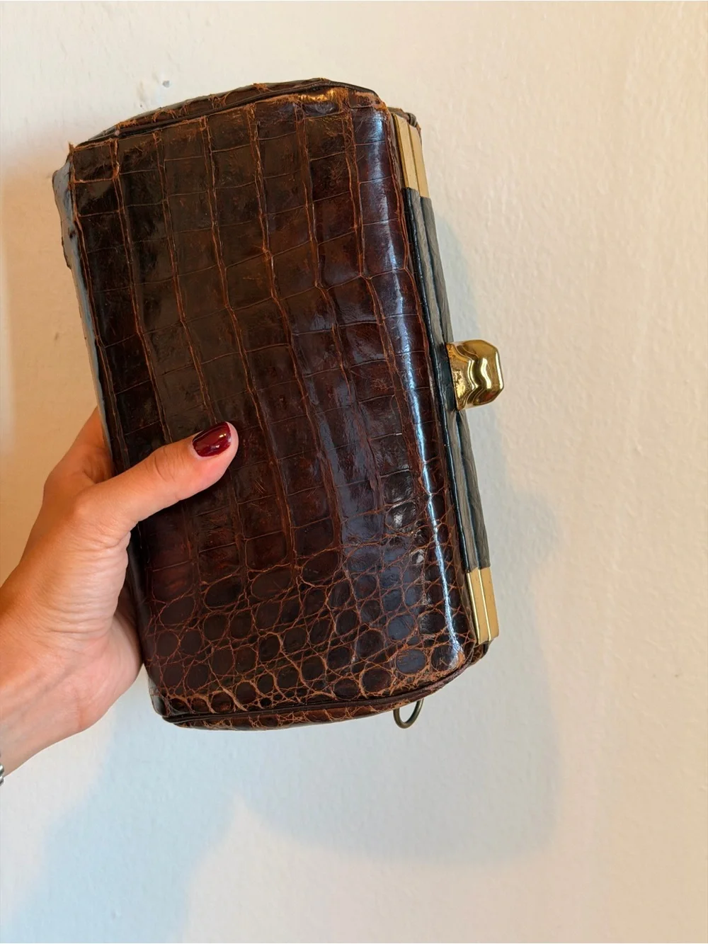 Vintage Alligator-Embossed Brown Leather Clutch